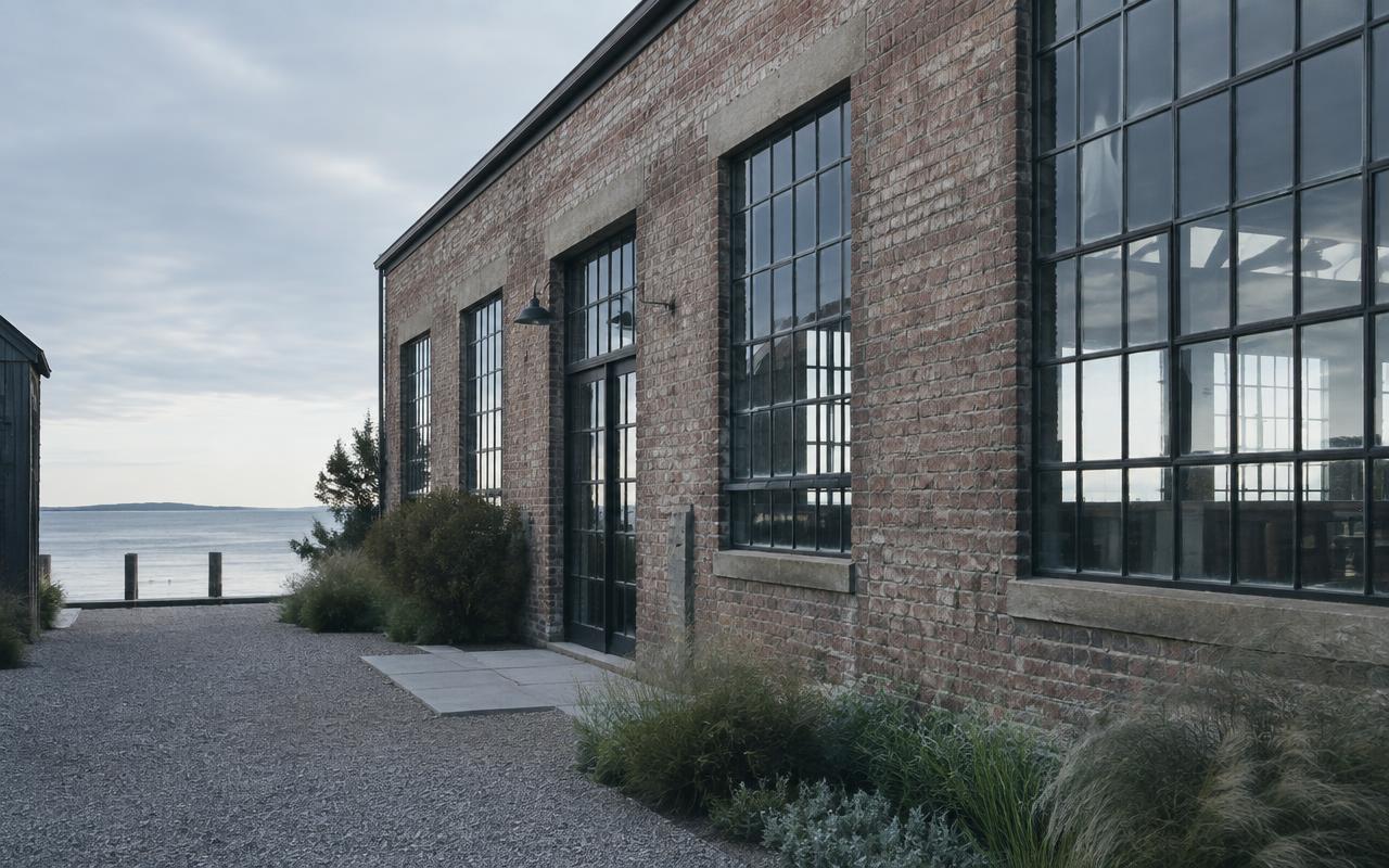 Atmospheric view of a modest brick industrial workshop near the water