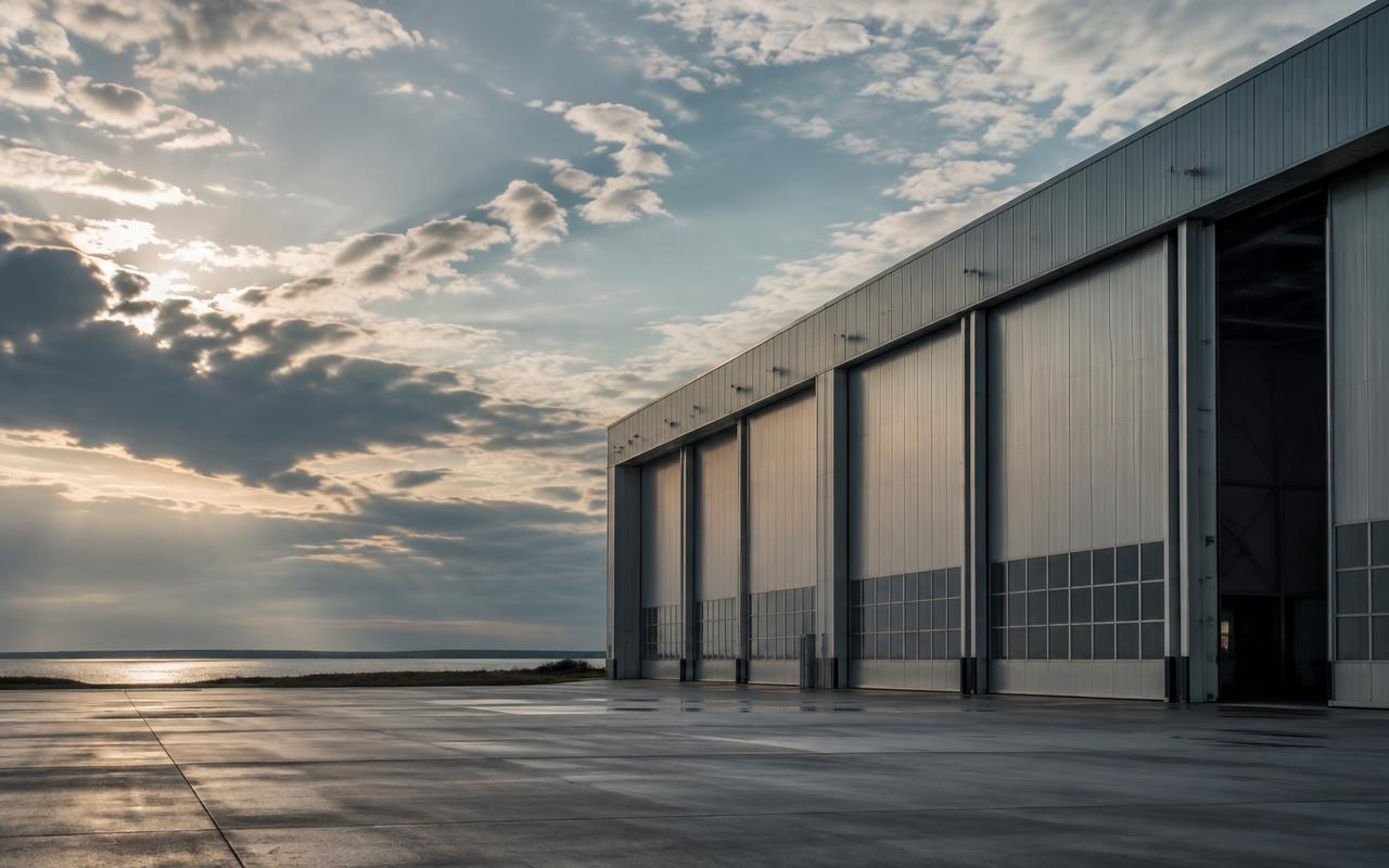 Atmospheric view of a quiet aerospace hangar beneath an open sky