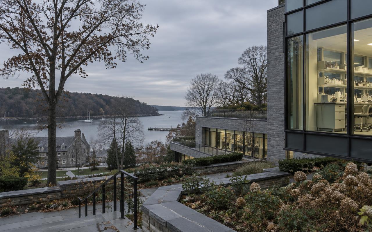 Atmospheric view of a scientific campus overlooking Cold Spring Harbor