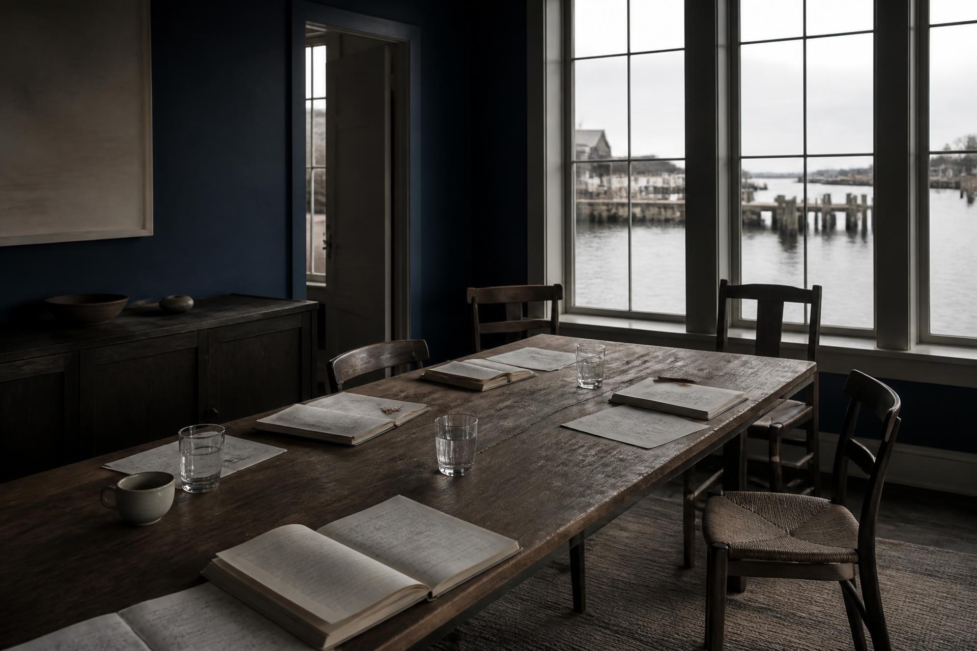 An empty working table with notebooks overlooking a Long Island harbor